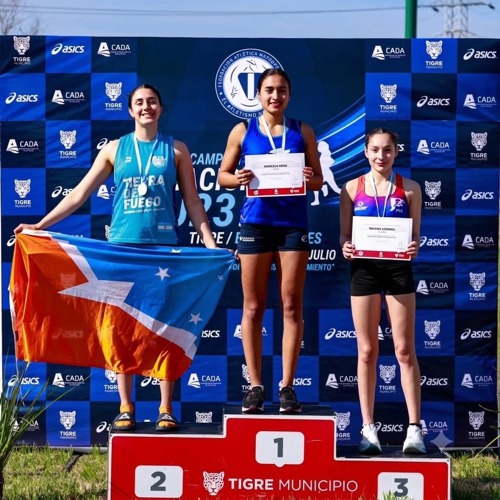 Renata Godoy y Luciana Ferreyra celebran sus medallas de plata obtenidas en el Campeonato Nacional de Atletismo U23 representando a Tierra del Fuego.