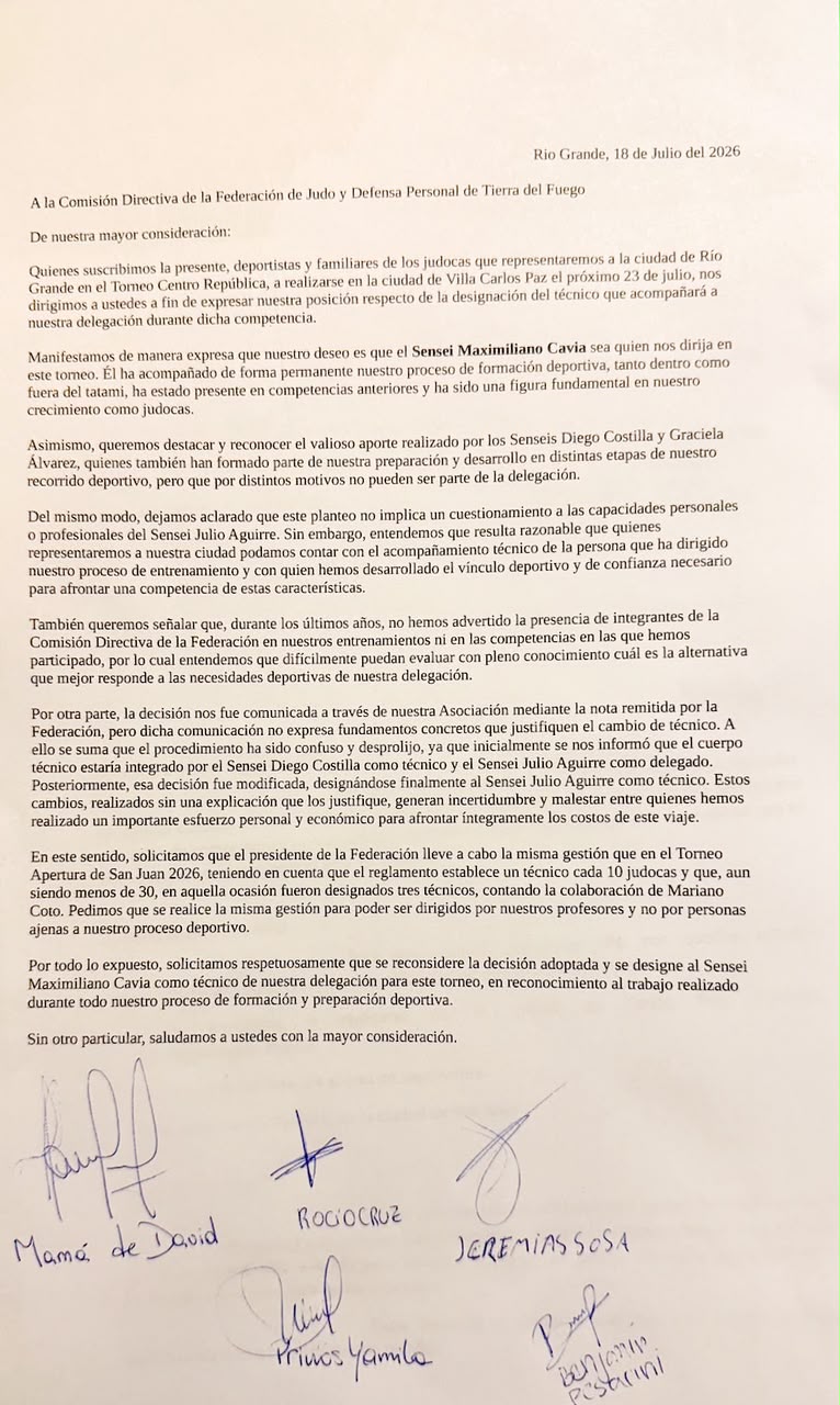 Judocas de Río Grande piden que se reconsidere la designación del técnico para el Nacional Centro República 1 Cuervas del Fin del Mundo campeonas ante Real Madrid